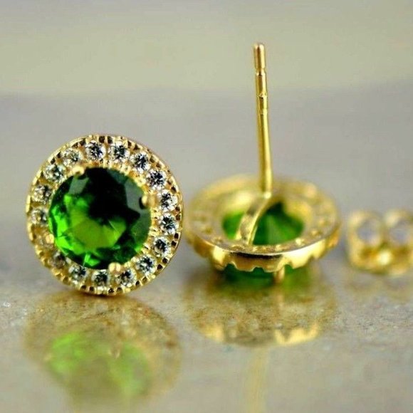 Solid 14K Yellow Gold Round Halo Push Back Earrings with Sparkling Birthstone - Picture 6 of 15